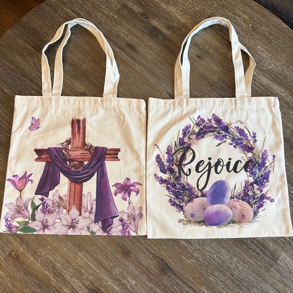 Set of 2 Easter Canvas Tote Bags Rejoice Cross Lilies Lavender Eggs Religious